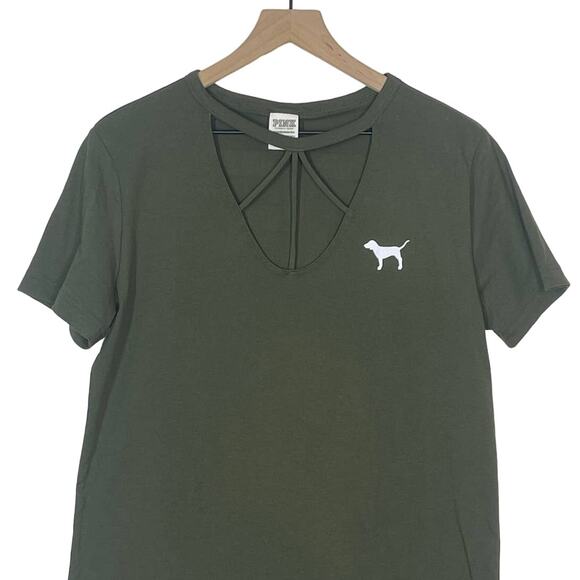 PINK Victoria's Secret Logo Open Neck Olive Green Shirt Top Women's XS - Picture 3 of 8
